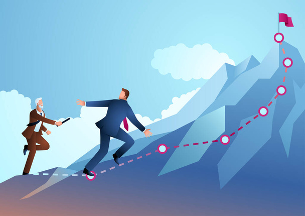 Older businessman passing the baton to younger businessman to continue running up the mountain, regeneration, teamwork, vector illustration - Vettoriali, immagini