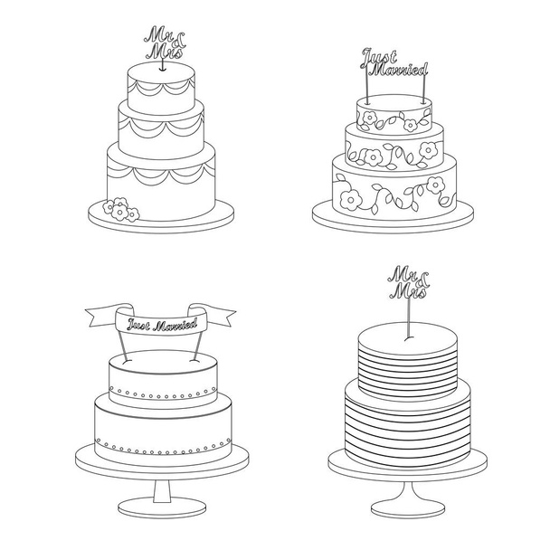 Set of festive wedding cakes with inscriptions Just Married, Mr & Mrs in line style. Vector illustration - Vector, afbeelding