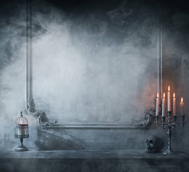 Mystical Halloween still-life background. Skull, candlestick with candles, old fireplace. Horror and witchery concepts. - Photo, image
