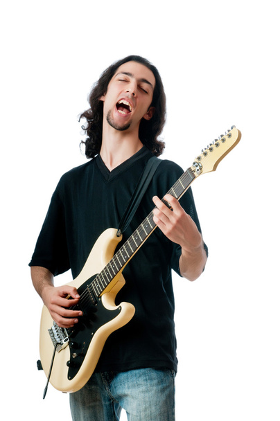 Gitarist beyaz arkaplanda izole edildi - Fotoğraf, Görsel