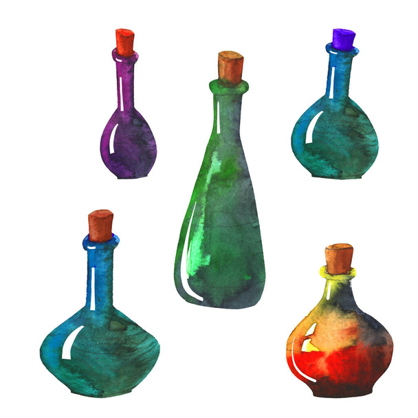 Halloween set with magic witch potion bottles. Hand drawn style watercolour. Isolated on white. - Photo, image