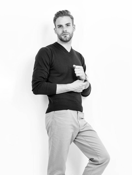 Handsome man wear casual outfit in modern fashion style isolated on white, menswear. - Valokuva, kuva
