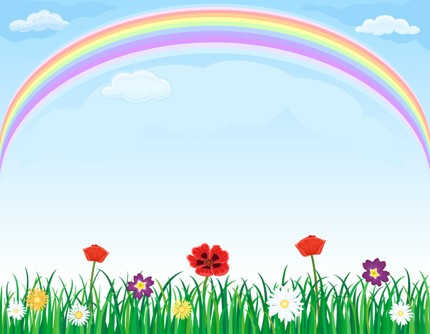 Regenbogen über Wiese mit Gras und Blumen - Vektor, Bild