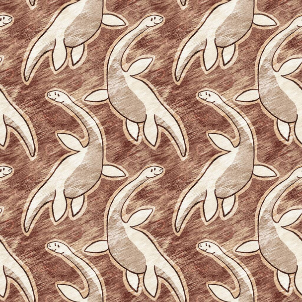 Brown hand drawn plesiosaur dinosaur seamless pattern. Gender Neutral Jurassic fossil silhouette for baby nursery. Gender neutral home decor for museum, extinction and textile design  - Fotoğraf, Görsel