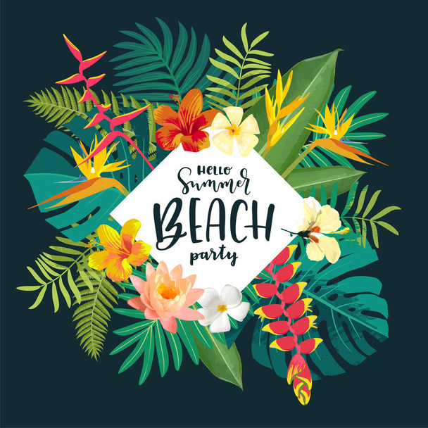 Summer Beach Party cartão de caligrafia. Cartão postal de verão com folhas tropicais exóticas, flores. Quadro quadrado fundo da selva. Cores brilhantes. Modelo de estilo praia havaiana
 - Vetor, Imagem