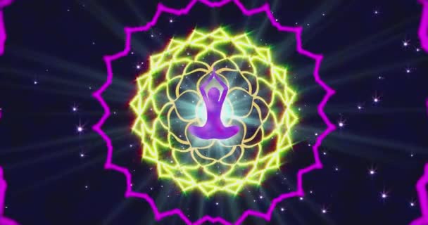 Looped animation of enlightenment with multi-colored energy of chakra aura fields forming divergent patterns of the symbolic lotus and the Indian sign OM. Video for VJing. High quality 4k footage - Video