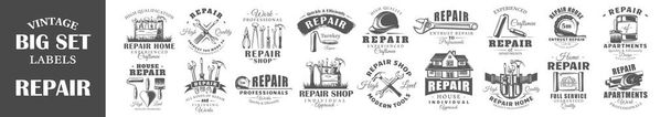 Set di etichette di riparazione vintage. Manifesti, francobolli, striscioni ed elementi di design. Illustrazione vettoriale - Vettoriali, immagini