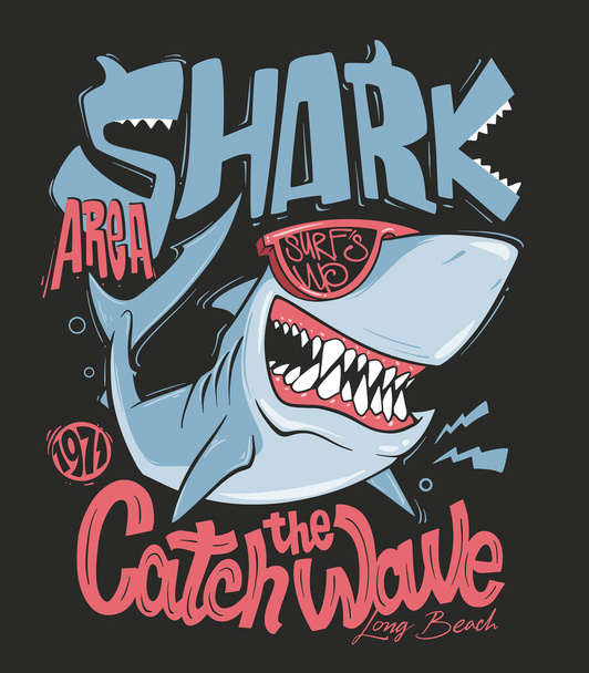 Shark t-shirt surf print design, vector illustration. - Vector, Image