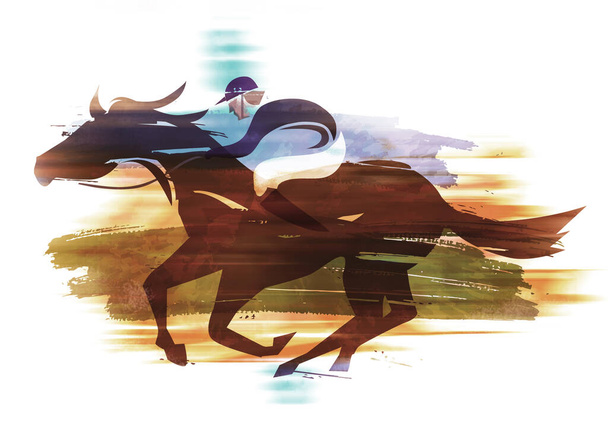 Caballo de carrera, jinete corriendo acción. Eexpresiva Ilustración de Jockey a caballo a toda velocidad. Imitación de la pintura de acuarela.  - Foto, imagen