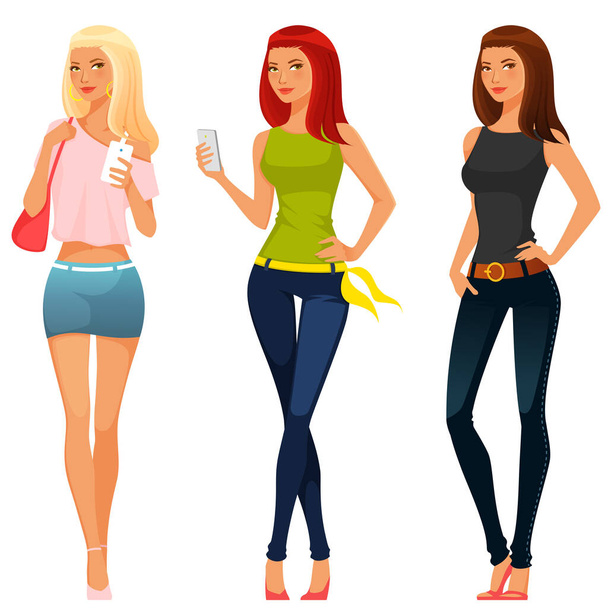 young beautiful women in summer fashion, jeans and colorful tops, using cell phones. Lifestyle illustration. Isolated on white. - ベクター画像
