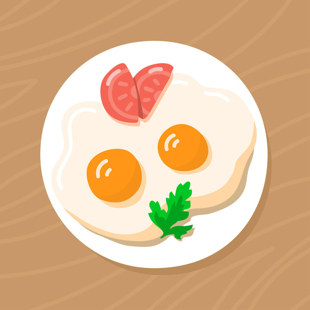 Cooked scrambled eggs with parsley and tomato in a plate on the table. Tasty breakfast. Healthy food. Protein chicken product. Flat vector illustration - ベクター画像