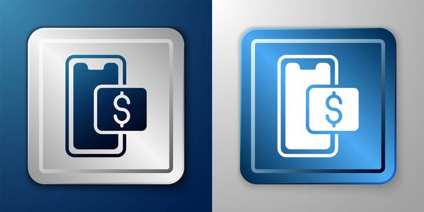 White Mobile phone and shopping cart icon isolated on blue and grey background. Online buying symbol. Supermarket basket symbol. Silver and blue square button. Vector. - Вектор,изображение