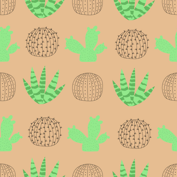 seamless pattern with cactus on desert background in cartoon style. Cute texture for kids room design, wallpaper, textile, wrapping paper, clothes. Vector illustration - Vector, Image