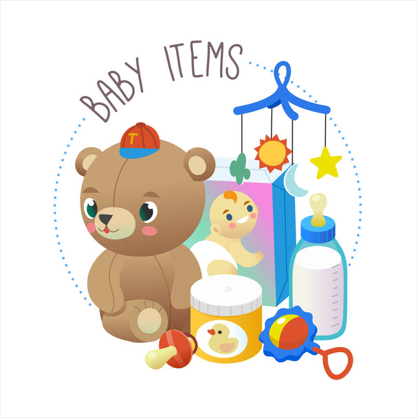 Collection of baby items and supplies. Goods sold in the baby section of a store. Isolated vector illustrations. - Vettoriali, immagini