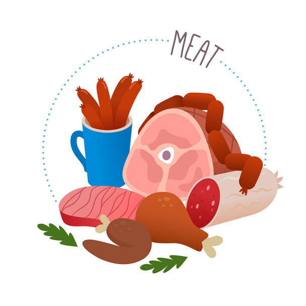 Circle label for meat section of a grocery store or online  marketplace. Isolated vector illustration with different kinds of meat. Label icon for butcher shop - Vector, imagen