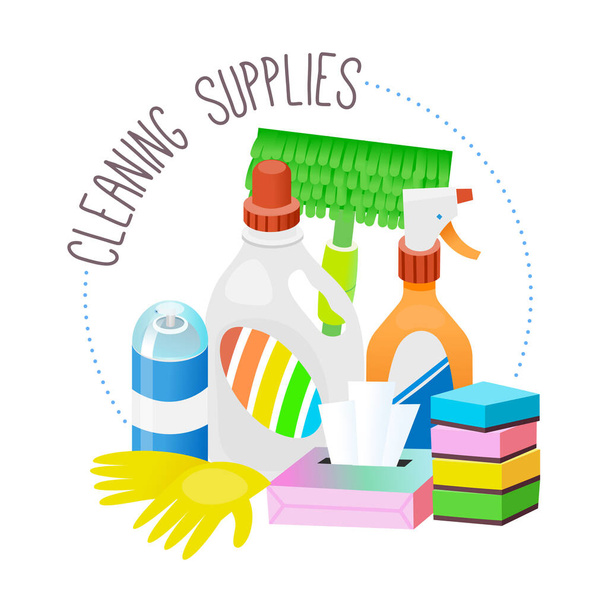 Collection of equipment for housework. Cleaning supplies and sanitary goods for household. Logo for cleaning company. Isolated vector illustration - Vettoriali, immagini