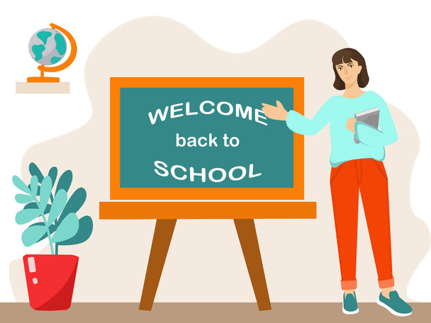 Welcome back to school concept. Female teacher stands at the blackboard. - Vector, Image