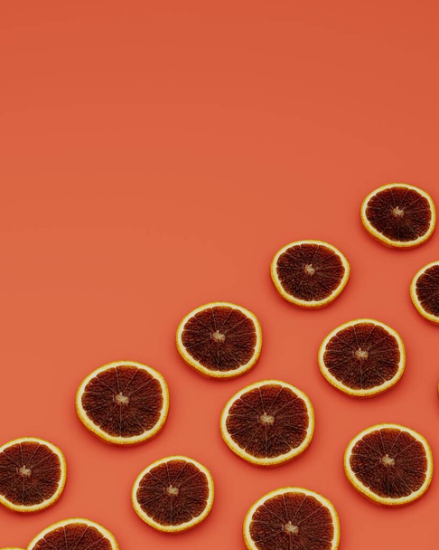 DIagonal placed graipfrut slices on orange background, fruity background concept, 3d rendering - 写真・画像