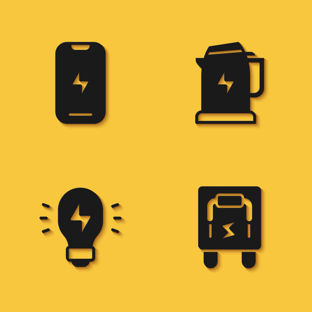 Set Mobile phone Electrical panel Creative lamp light idea and kettle icon with long shadow. Vector. - Vetor, Imagem