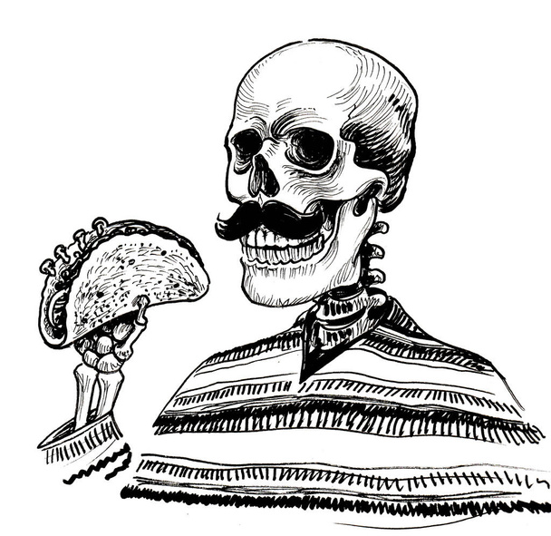 Dead Mexican eating taco. Ink black and white drawing - Fotoğraf, Görsel