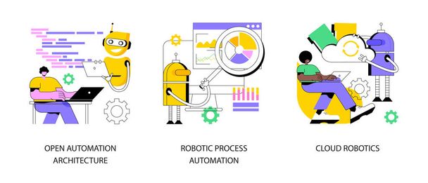 Ensemble d'illustrations vectorielles conceptuelles abstraites basées sur l'IA. Architecture d'automatisation ouverte, automatisation robotique des processus, intelligence artificielle en nuage, métaphore abstraite de l'apprentissage automatique à distance. - Vecteur, image