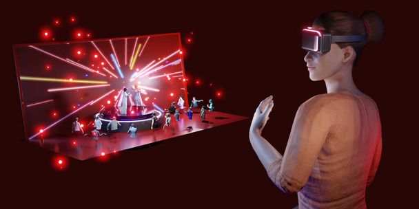 Party koncerty v Metaverzu, avatary a on-line hudební vystoupení prostřednictvím VR brýlí ve světě 3D ilustrací Metaverse. - Fotografie, Obrázek