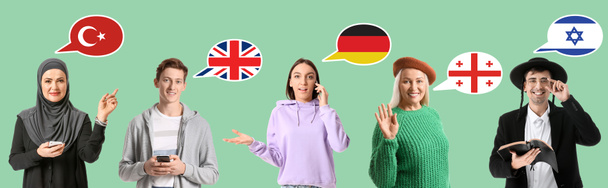 Set of people speaking different languages on green background - Foto, afbeelding
