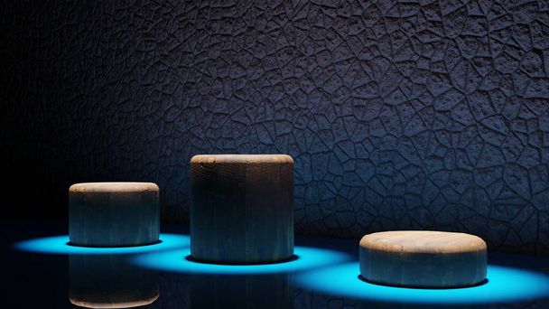 3D rendering. 3D illustration. Podium with three brown cylindrical bases illuminated by spotlights at the top and blue floor. Dark background with lighting on the platforms. Wood textures on the bases - Foto, Imagem