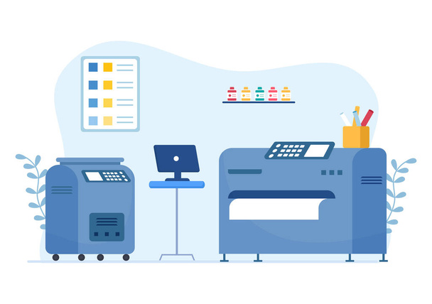 Print Shop Illustration with Production Process at Printing House and Machines for Operating big File Printers in Flat Style Cartoon - Vector, imagen