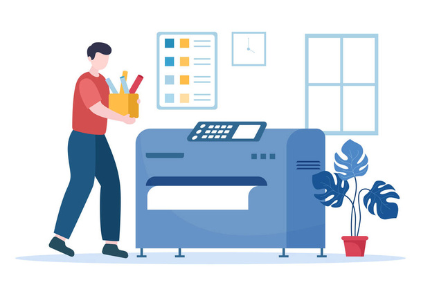 Ilustrace tiskáren s výrobním procesem v tiskárně a strojích pro provoz velkých archivních tiskáren v plochém stylu - Vektor, obrázek