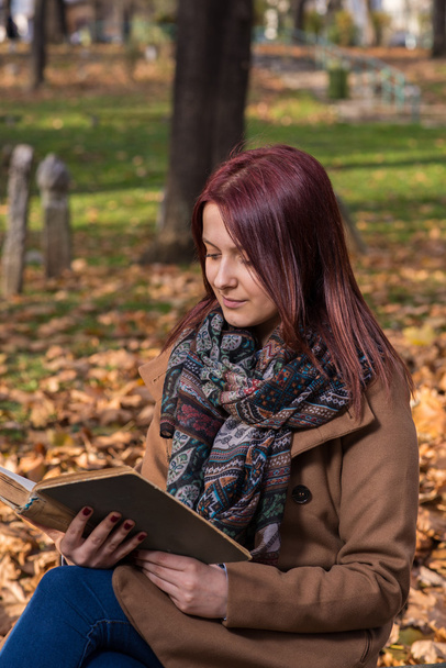 park ve okuma kitabı bankta oturan Kızıl saçlı kız - Fotoğraf, Görsel