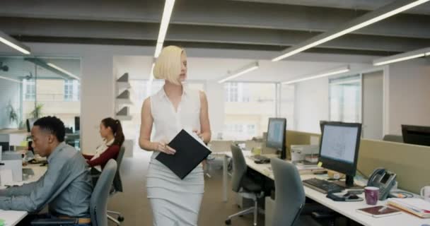 4k video footage of an attractive young businesswoman walking through a busy office and looking at paperwork. - Felvétel, videó