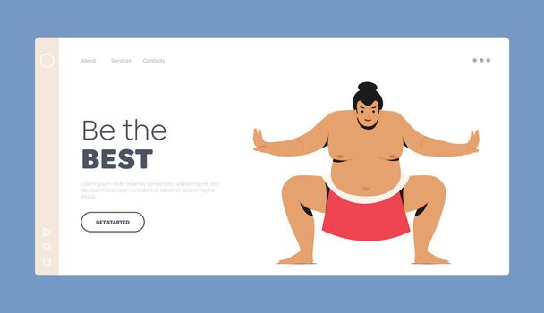 Sumo Sport Landing Page Template. Sumo Wrestler Man Presenting Traditional Japanese Martial Arts, Overweight Male Character, Japan Sportsman Stand in Squat Pose. Cartoon People Vector Illustration - Vector, Image