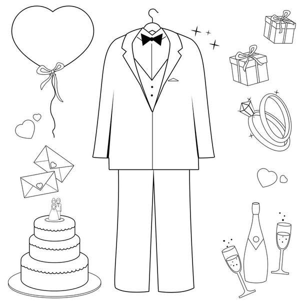 Groom suit and wedding objects set. Vector black and white coloring page - Вектор, зображення