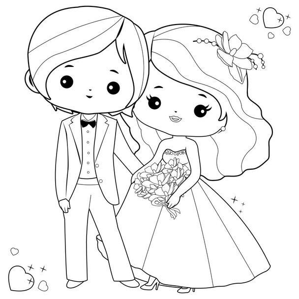 Bride and groom. Vector black and white coloring page - Vektör, Görsel