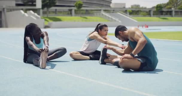 Diverse group of marathon runners talking while getting ready for a race in a stadium. Young athletes stretching their legs as a warmup exercise to prevent injury during training on a sports track - 映像、動画