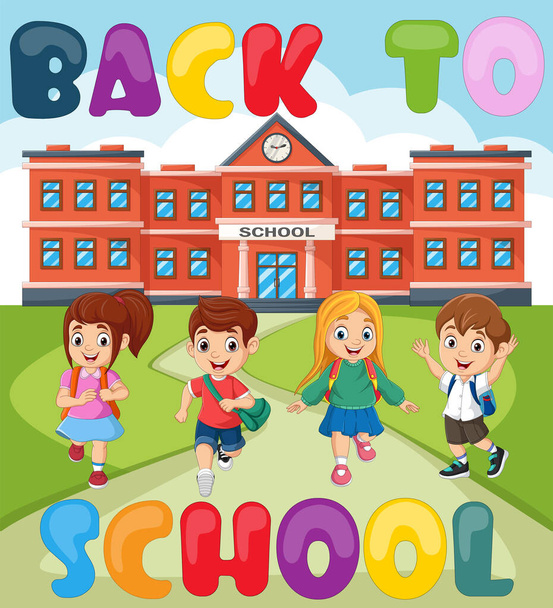 Vector illustration of Back to school. Happy school children in front school building - Διάνυσμα, εικόνα