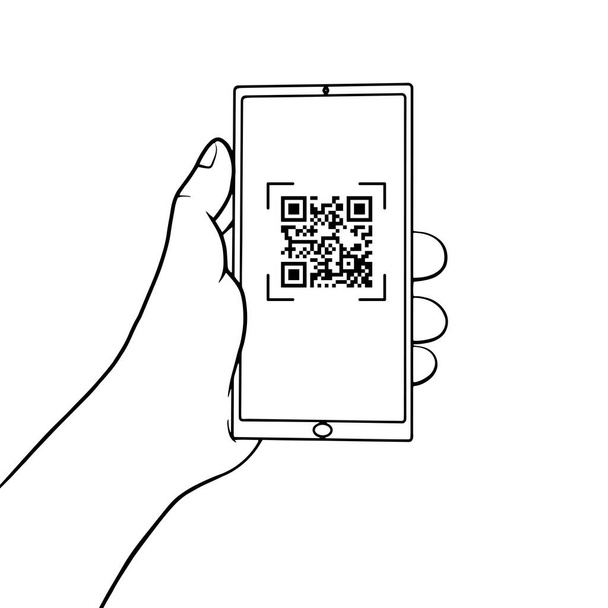Hand holding a mobile phone with QR code on the screen. QR code scanning in smartphone in line style. Barcode scanner for pay, web, app, promo. Vector illustration. - Vettoriali, immagini