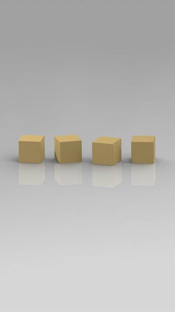 quattro cubi di legno su sfondo grigio. i cubi sono riflessi dalla base. Immagine verticale. Immagine 3D. Rendering 3D. - Foto, immagini