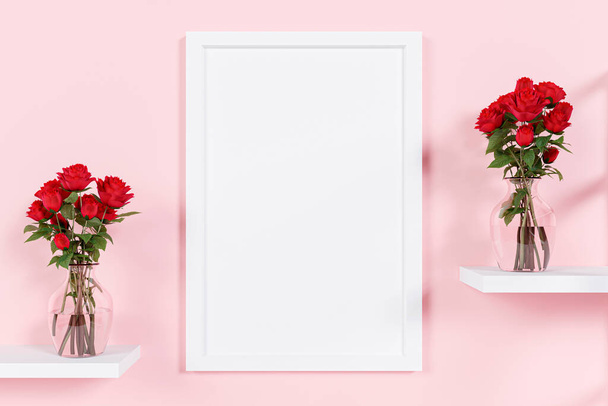 Leerer Bilderrahmen mit Blumenvasen auf einem weißen Sideboard. 3D gerenderte Illustration.  - Foto, Bild