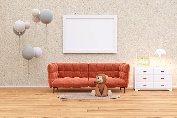 Ilustração renderizada 3d da sala de jogos da criança com imagem branca moldura mock up. - Foto, Imagem