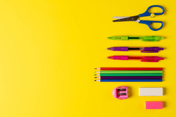 Image of school drawing tools on yellow surface with copy space. School equipment, tools, learning and education concept. - Photo, image