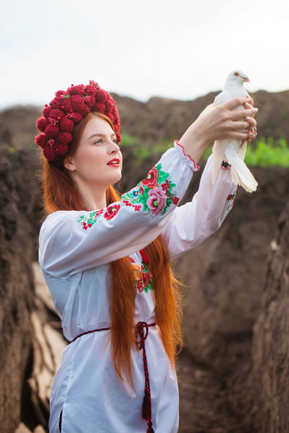 Una hermosa mujer ucraniana en vestido bordado nacional ucraniano con una paloma blanca en sus manos, un símbolo de paz en Ucrania - Foto, imagen