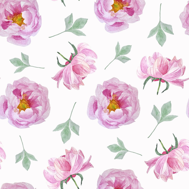 Patrón sin costuras de acuarela con peonías rosadas y hojas sobre el fondo blanco - Foto, Imagen