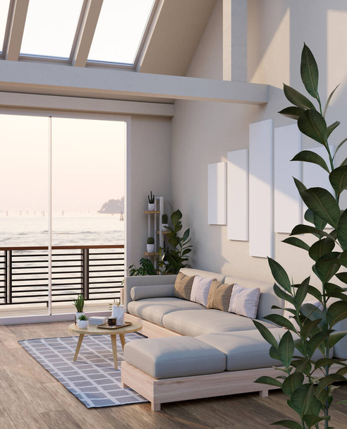 Rahat kanepe, ahşap sehpa, kapalı bitkiler, duvarda çerçeve modeli ve sahil manzaralı büyük cam pencereli modern, rahat bir ev oturma odası. 3d görüntüleme, 3d illüstrasyon - Fotoğraf, Görsel