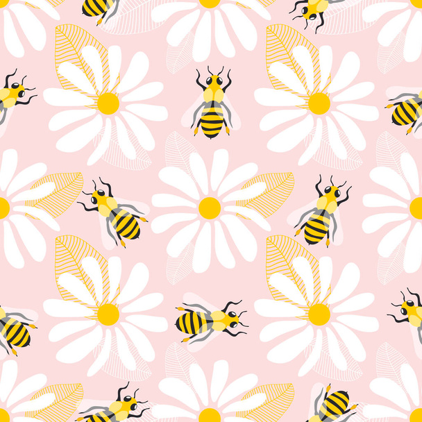 Wild chamomile flowers and honey bees. Seamless summer pattern with big white flowers and insects on a pink background. For printing on modern fabrics.  - Fotografie, Obrázek