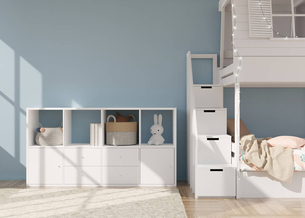 Empty light blue wall in modern child room. Mock up interior in scandinavian style. Copy space for your picture or poster. Bed, sideboard, toys. Cozy room for kids. 3D rendering - Foto, immagini
