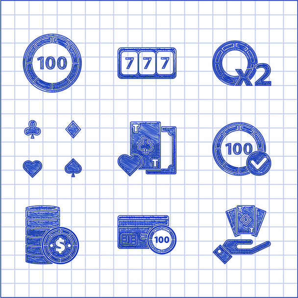 Set Playing card with clubs symbol, Credit, Hand holding deck of playing cards, Casino chips, dollar,  and  icon. Vector - ベクター画像