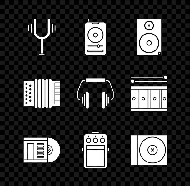 Set Musical tuning fork, player, Stereo speaker, Vinyl disk, Guitar pedal, CD DVD, instrument accordion and Headphones icon. Vector - Vecteur, image