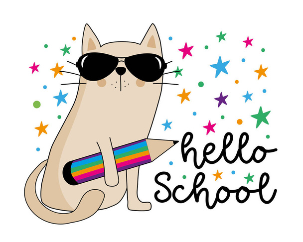 Bonjour l'école - salutation heureuse avec chat et crayon cool. Retour à la conception scolaire. - Vecteur, image